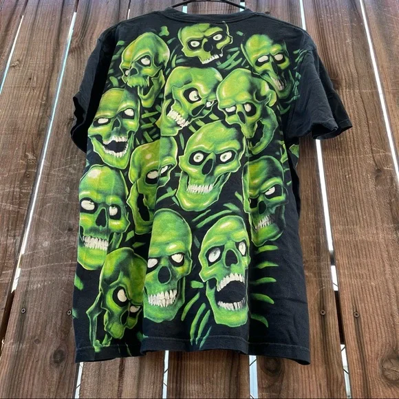 Liquid Blue Authentic Green Skull Print Black T Shirt Large Adult Vintage 2001 - Picture 11 of 16